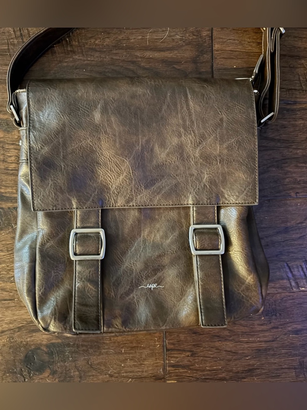 ESPE Brown Vegan Leather Messenger Crossbody Bag Silver Buckles